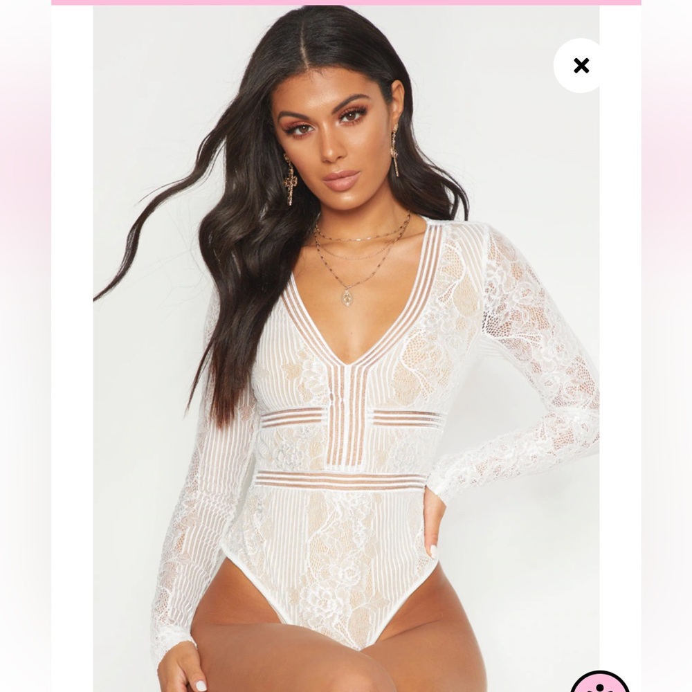 NAANAA White floral lace long sleeved bodysuit leotard